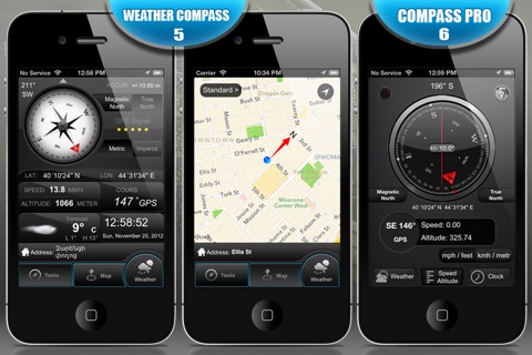 Скриншот из GPS Dragon 6 in 1 (1.Trip Pages, 2.Speedometer +, 3.Alarm Clock, 4.Compass, Flashlight, Speedometer, Altimeter, Course, 5.Weather Compass, 6.Compass  Pro)