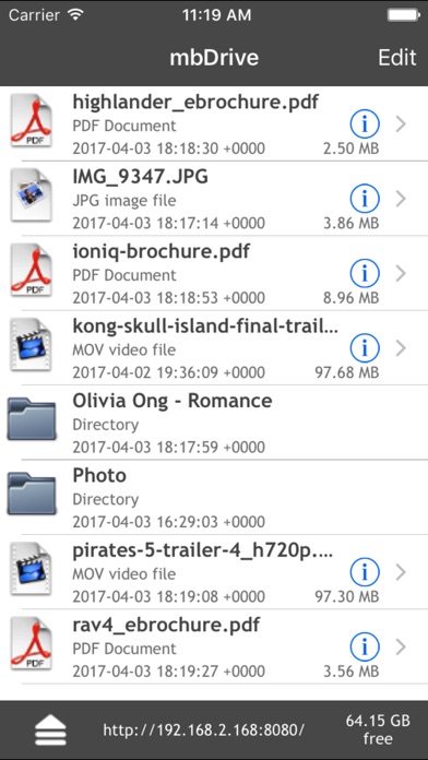 Screenshots of mbDrive Free for iPhone
