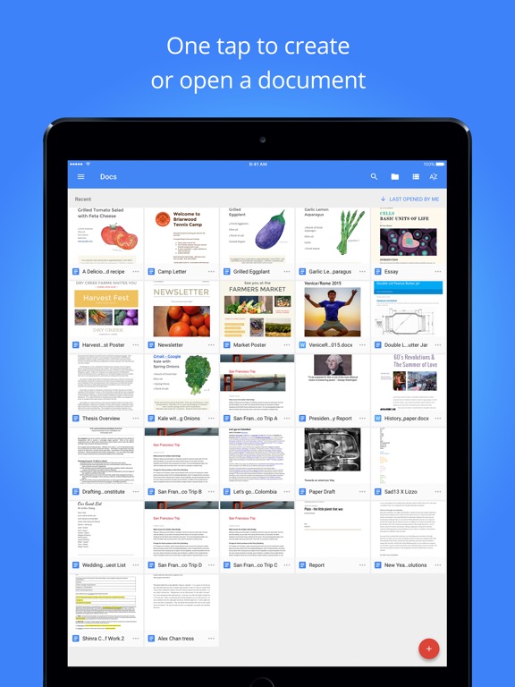 Screenshots of Google Docs for iPad